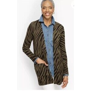 Talbots Green Black Zebra Print Open Front Cardigan Size large Linen blend